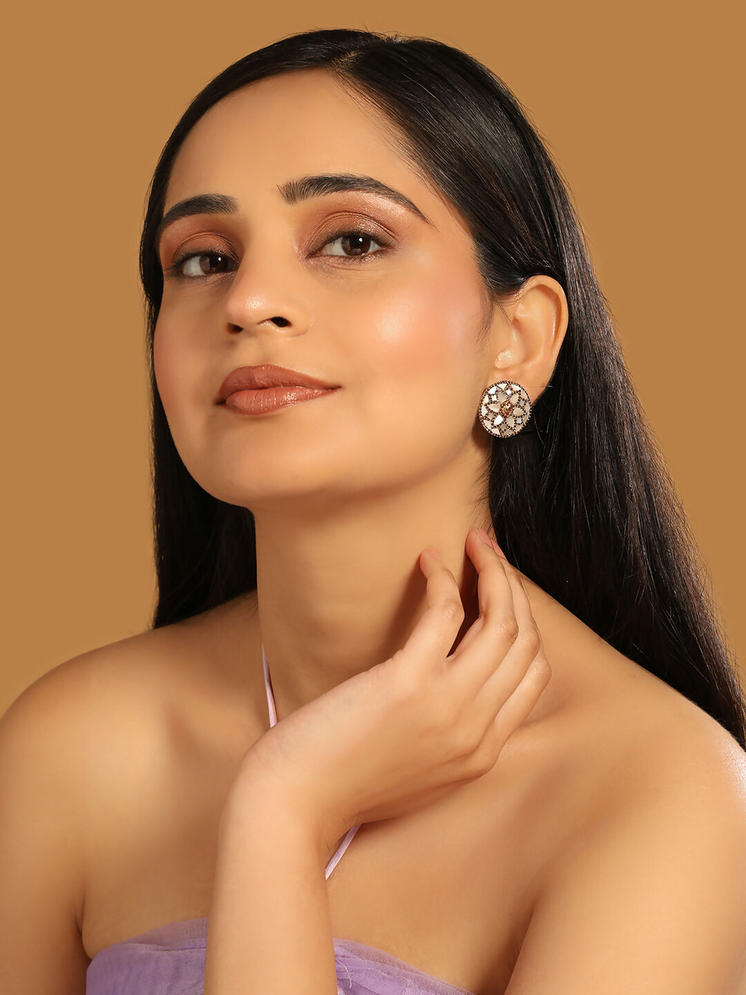 Nuyug 22K Gold Plated Mother of Pearls and Stone Studded Contemporary Floral Shaped Studs - Distacart