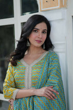 Vastranavya Lime Green Pure Cotton Printed Top with Pant & Dupatta Set