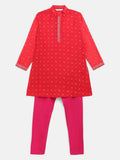 Ahalyaa Red Chnaderi Gold Khari Print Kids Kurta Churidar Set For Boys