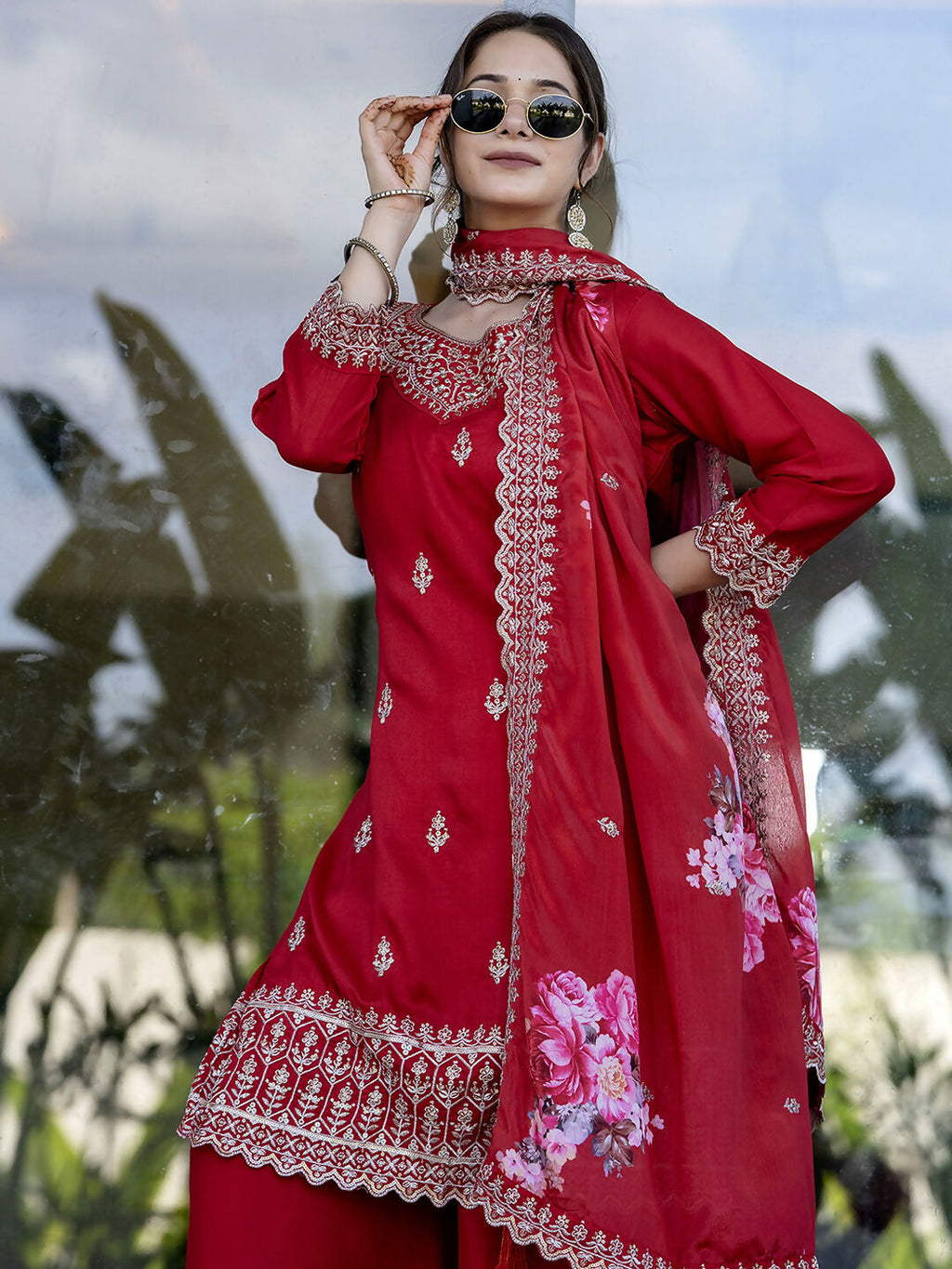 The52 Red Women's Gorgeous Embroidered Vichitra Silk Fabric Straight Kurta, Sharara and Dupatta Set - Distacart