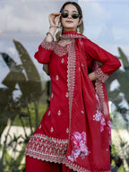 The52 Red Women's Gorgeous Embroidered Vichitra Silk Fabric Straight Kurta, Sharara and Dupatta Set - Distacart
