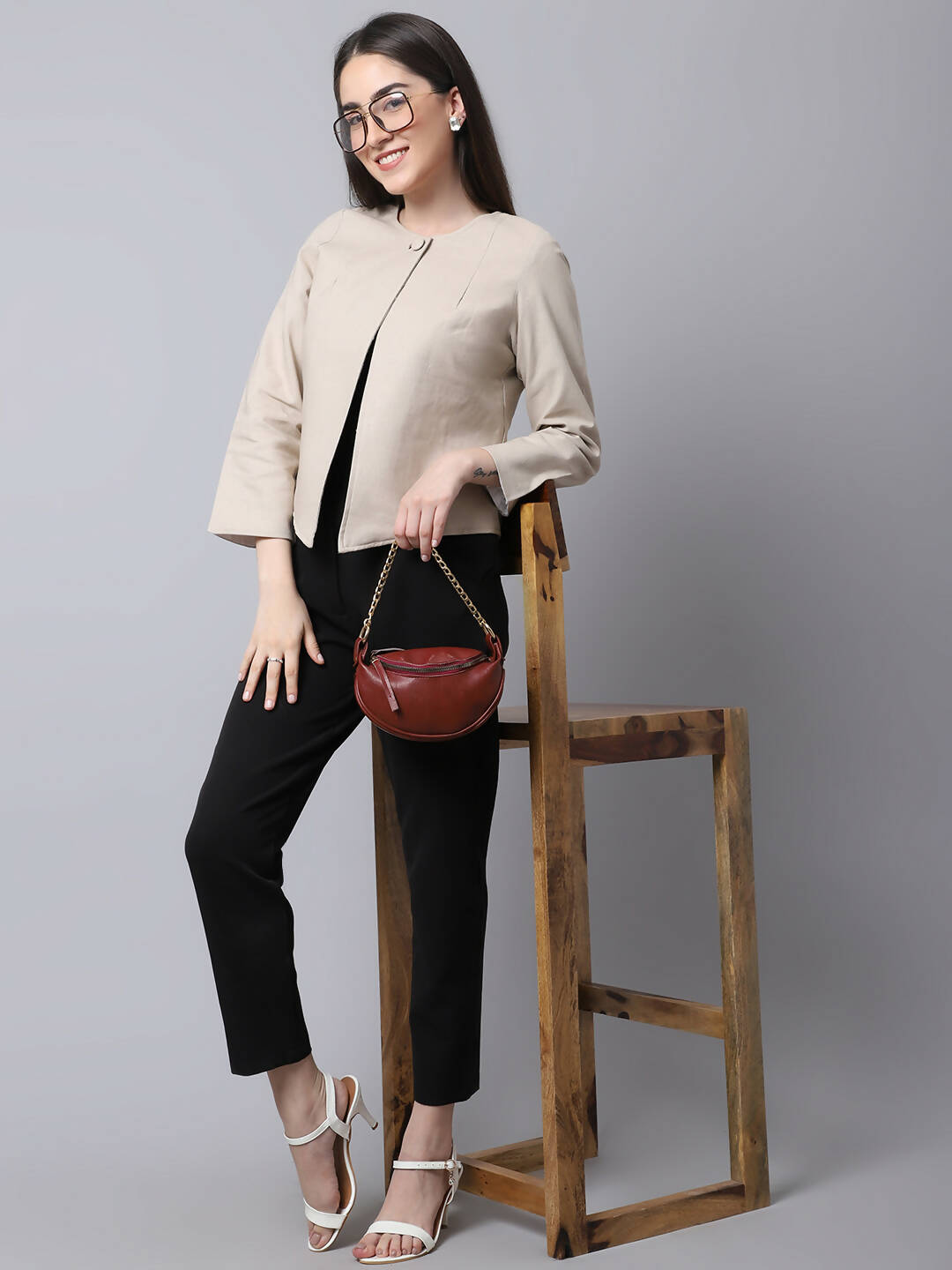 Even Apparels Cream Linen Cotton Open Front Statement Women's Jacket