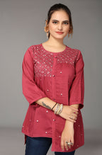 Women's Pink Viscose blend Embroidered Short Top - Marina