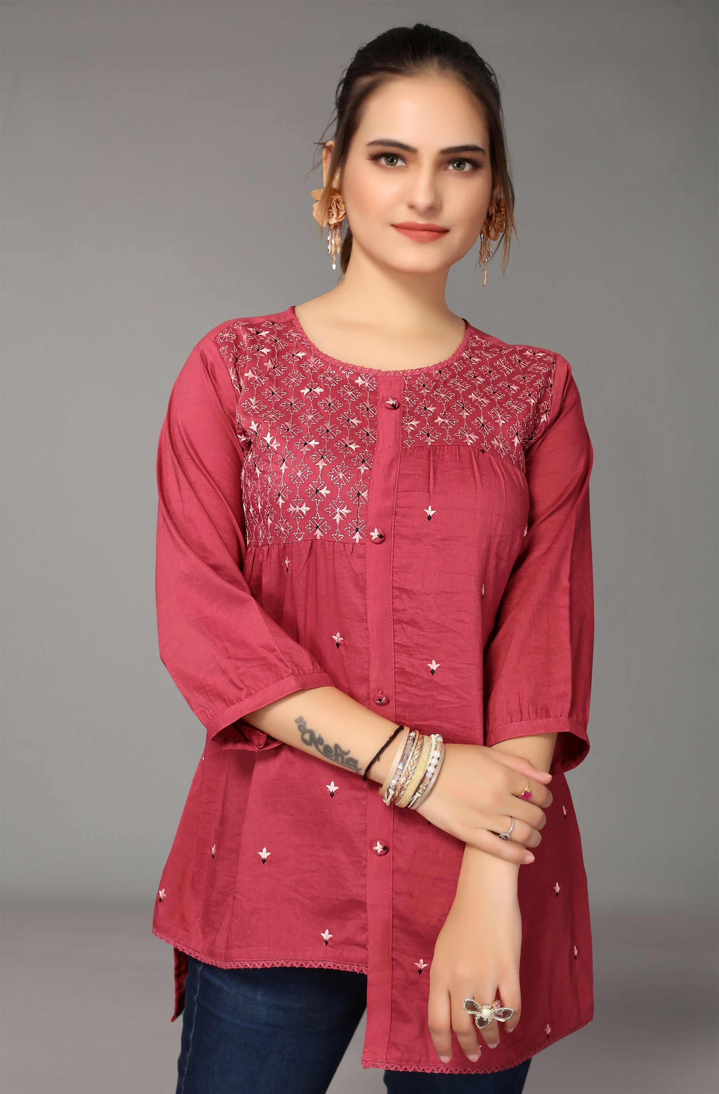 Women's Pink Viscose blend Embroidered Short Top - Marina