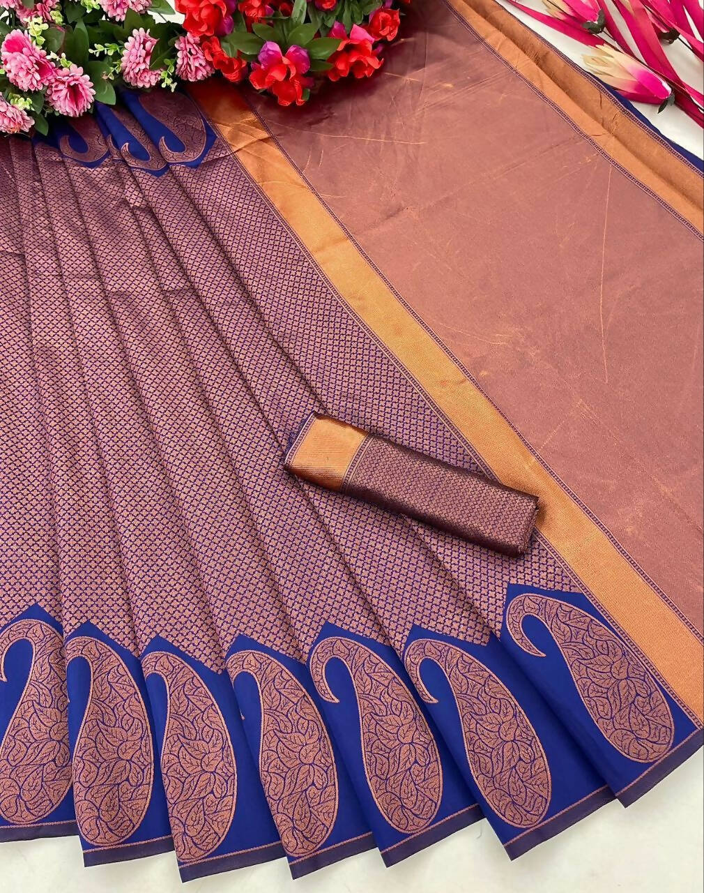 DEIANA'S Beautiful Designer Golden zari Soft Lichi Silk Saree - Blue