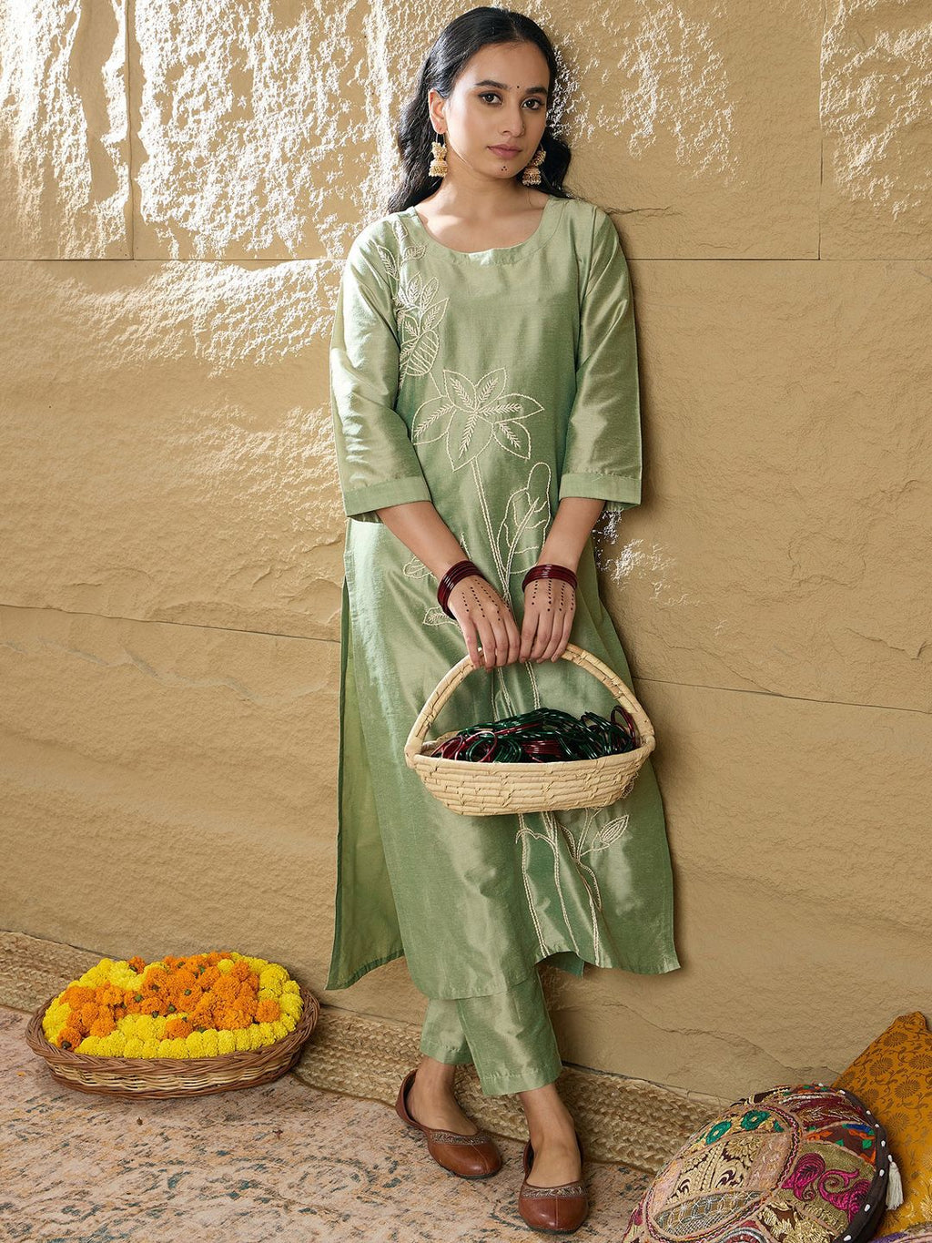 Indo Era Women Floral Embroidered Regular Thread Work Kurta with Trousers - Distacart
