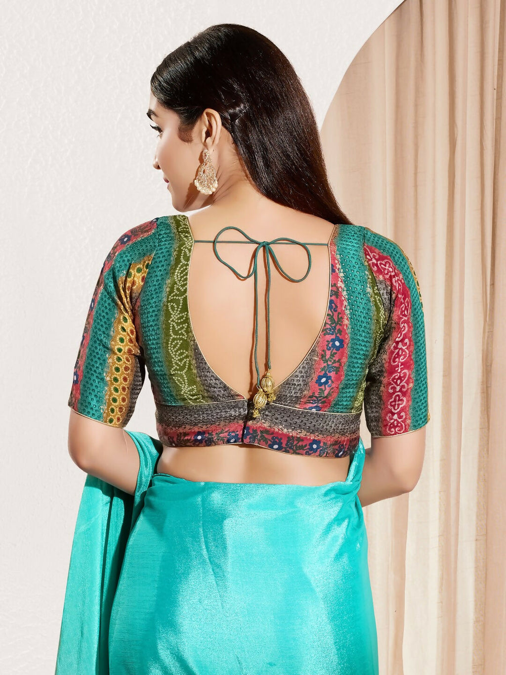 Joban Fashion Rama Green Brocade Padded Blouse With V Neck Elbow Sleeves - Distacart