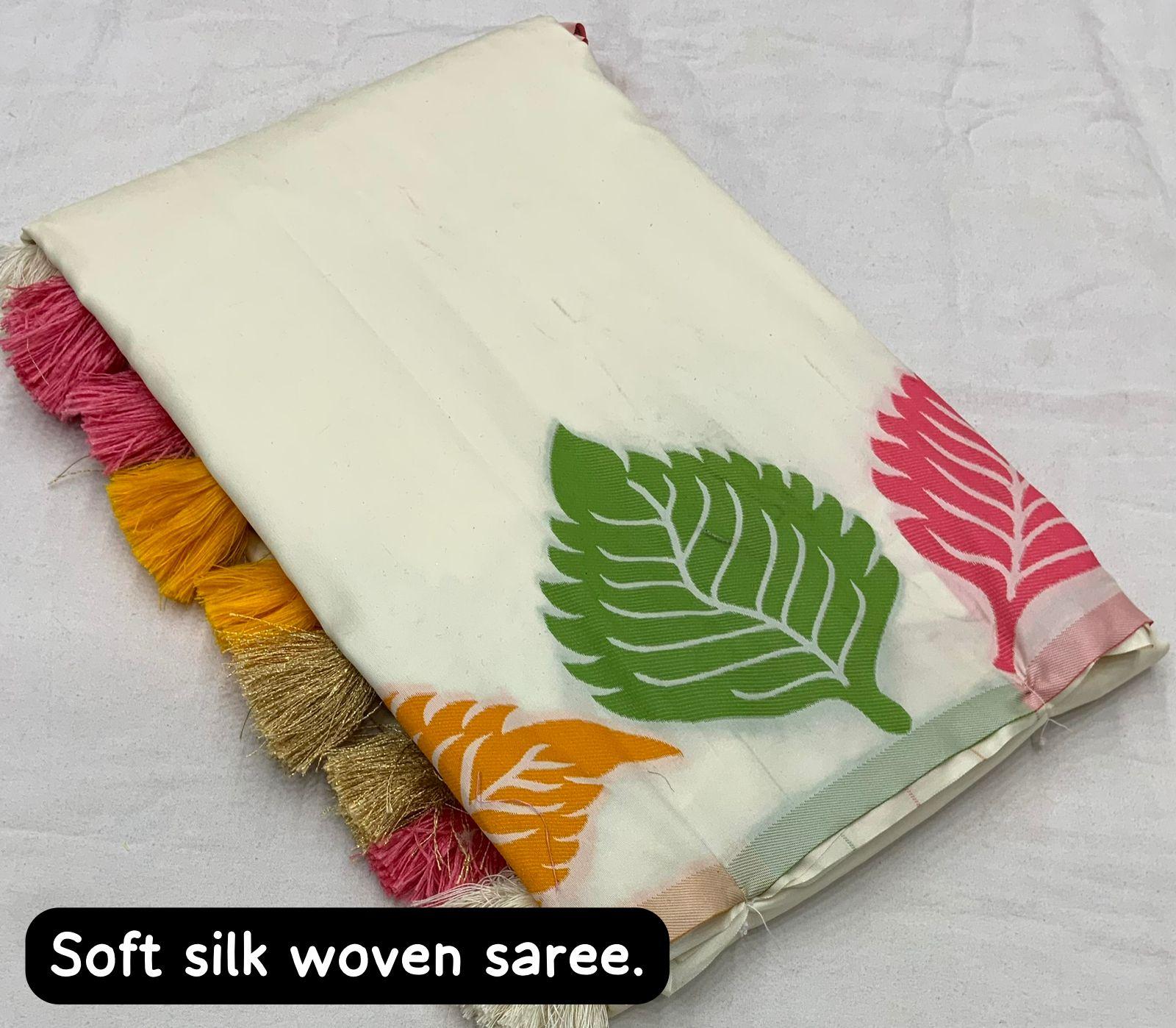 White Pure Silk Woven Design Saree with Unstitched Blouse - A2M - Distacart