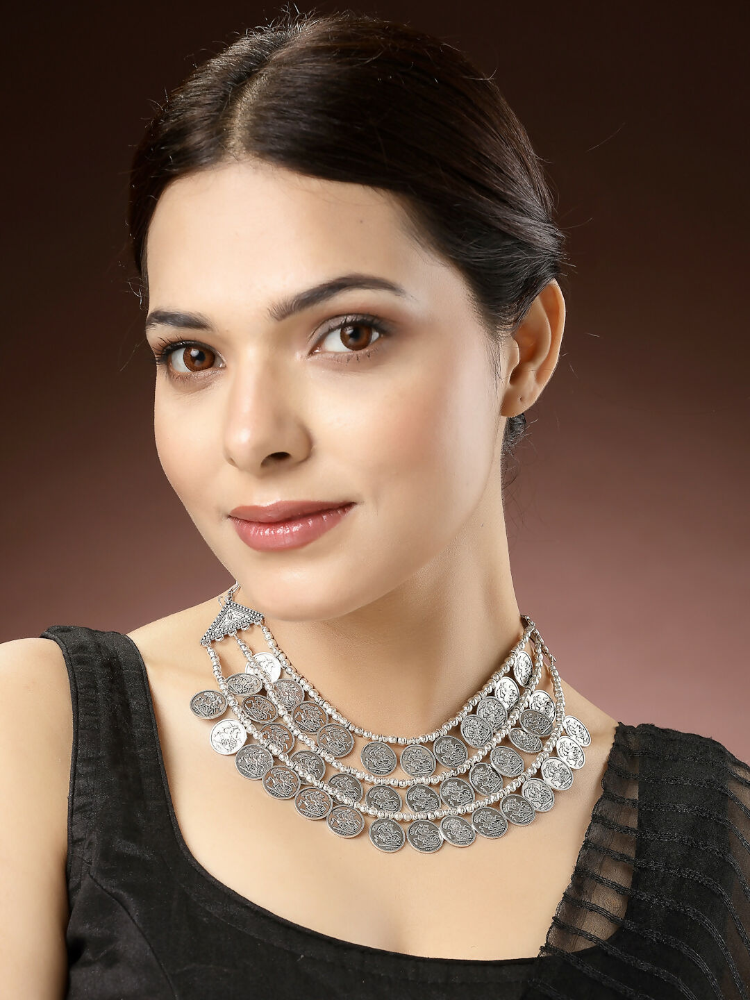 NVR Women's 3 Layered Artificial Beads German Silver Oxidised Necklace