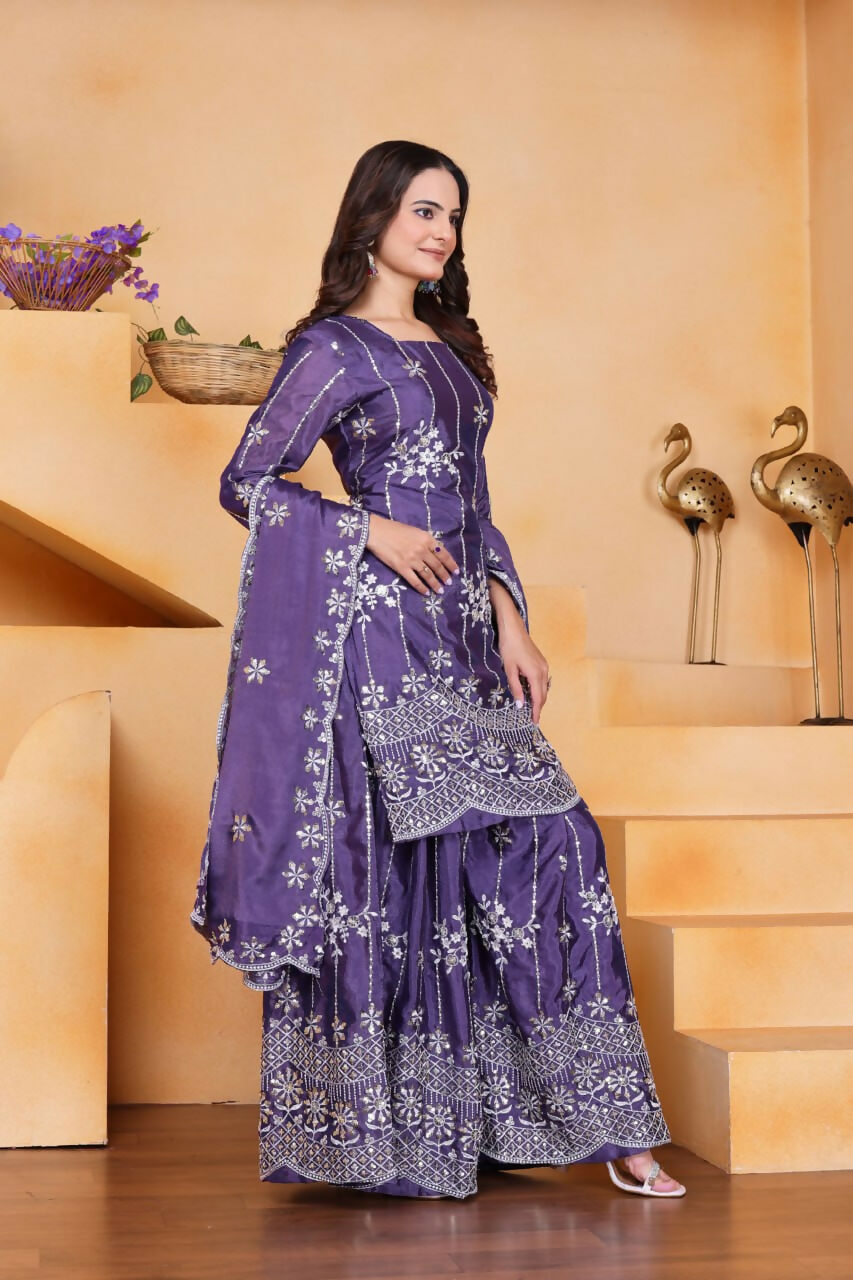 Joban Fashion Purple Silk Embroidered Sharara Set - Distacart
