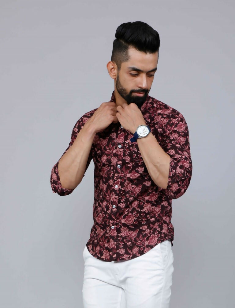 Miravan Men's Floral Slim Fit Long Sleeves Maroon Shirt