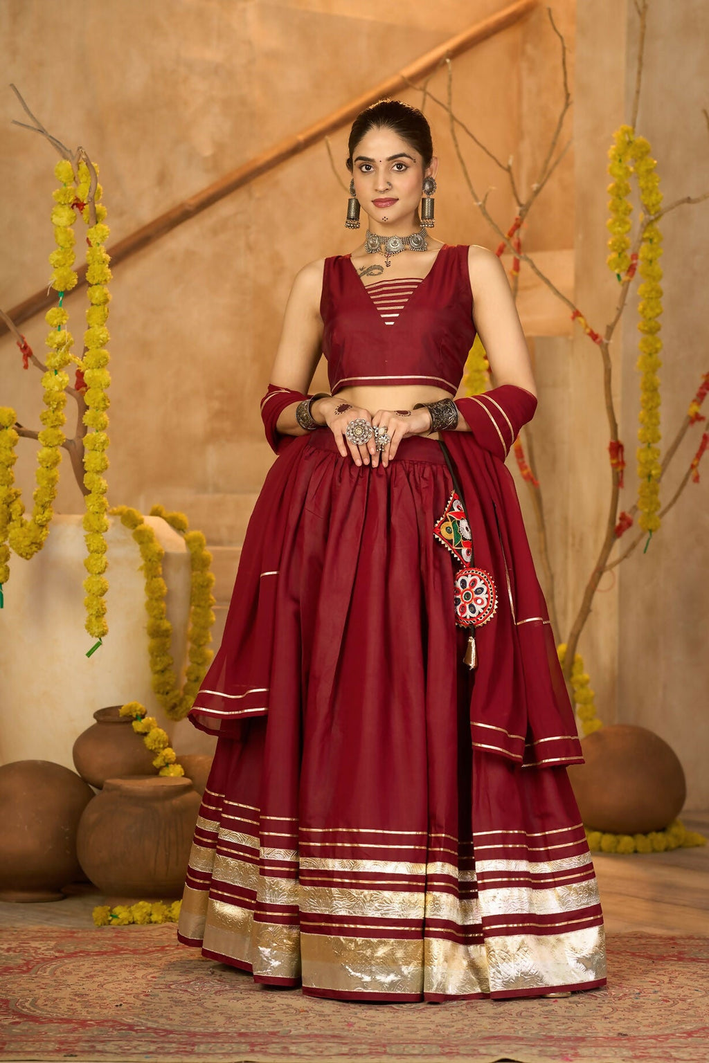 AI Fashion Maroon Silk Crepe Designer Navratri Wear Lehenga Choli Collection