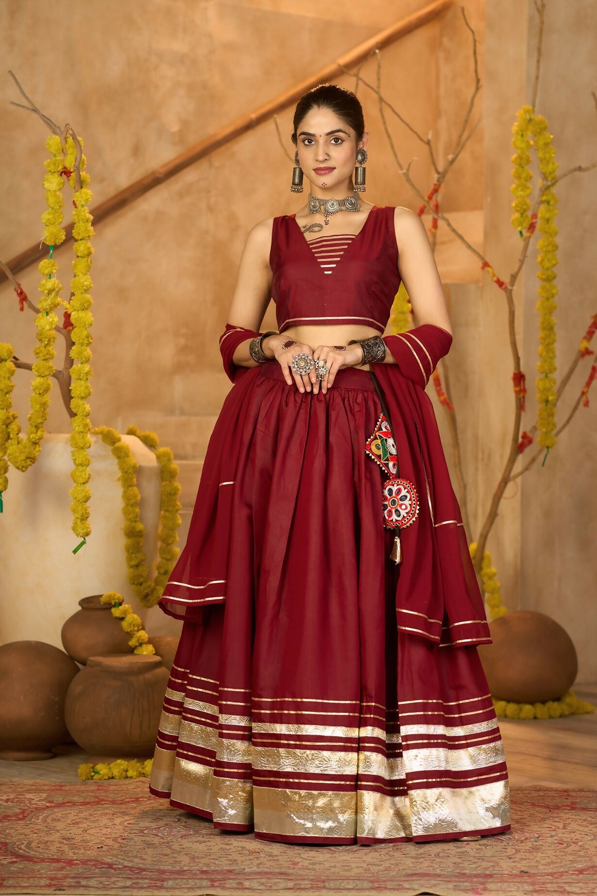 AI Fashion Maroon Silk Crepe Designer Navratri Wear Lehenga Choli Collection