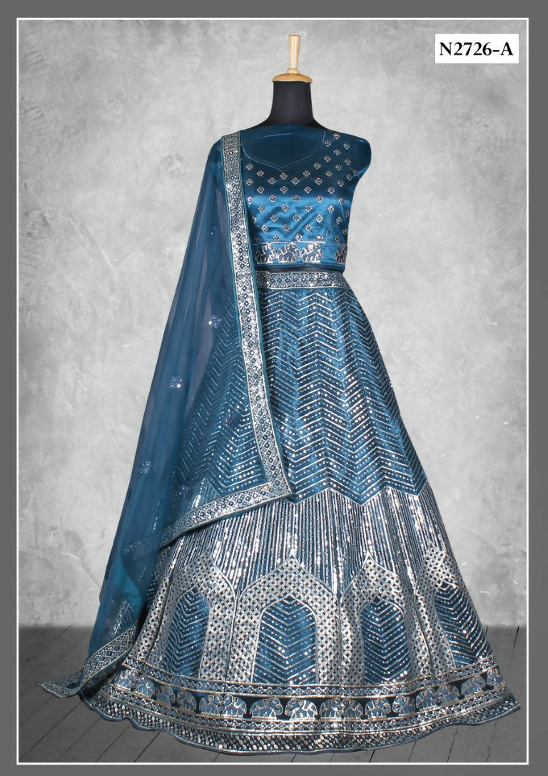 Teal Net Jari With Sequence Work Lehenga Choli - Nimaya Ishani