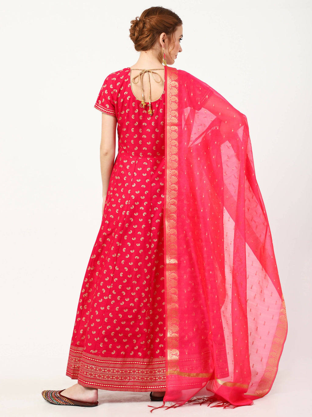 Cheera Women's Deep Pink Cotton & Silk Hand Block Print Long Dress With Silk Dupatta Set
