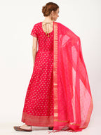 Cheera Women's Deep Pink Cotton & Silk Hand Block Print Long Dress With Silk Dupatta Set