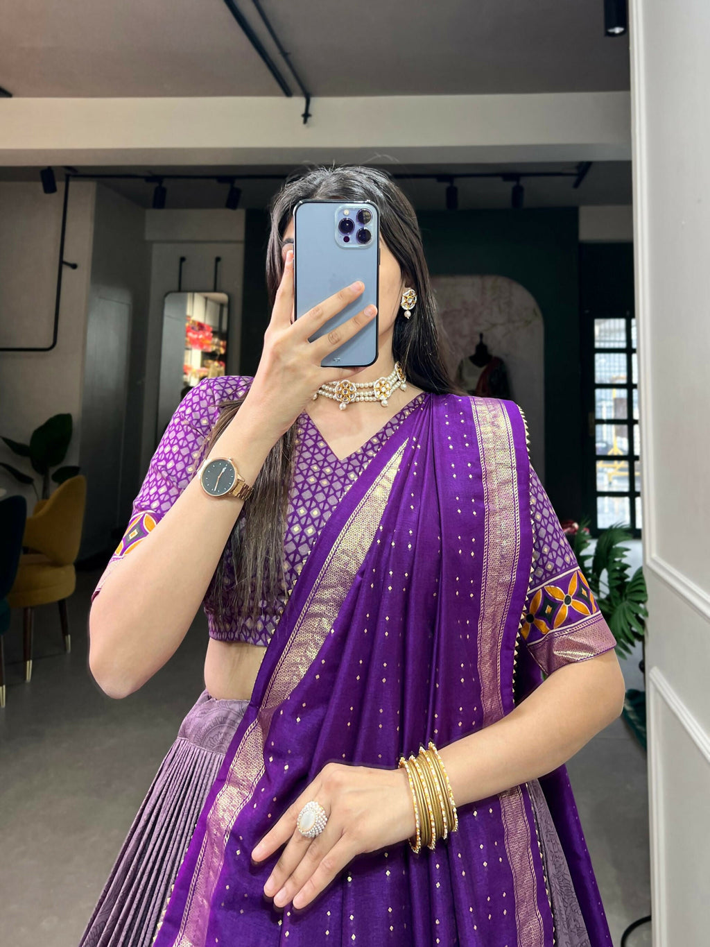 Vastranavya Floral Print With Foil Print Tussar Silk Lehenga with Unstitched Blouse - Purple