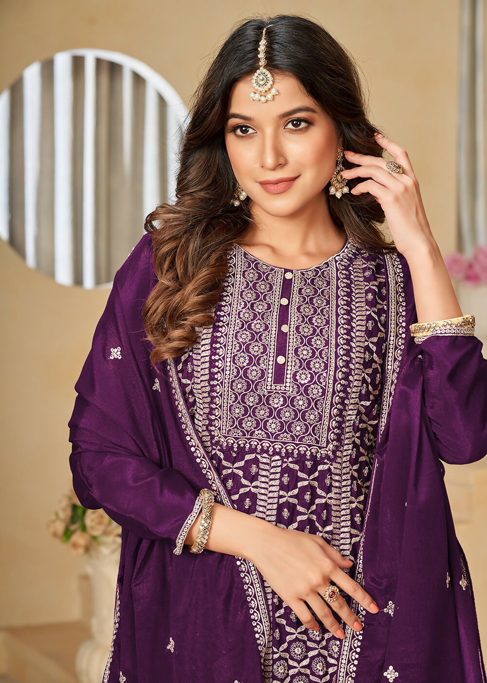 Chinnon Purple Embroidered Palazzo Salwar Suit - Emponline