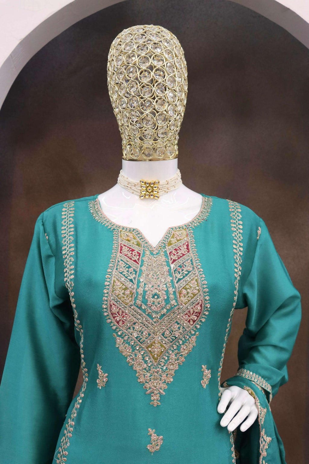 Anaita Turquoise Heavy Chinon Readymade Suit with Embroidery & Sequence Work - Distacart