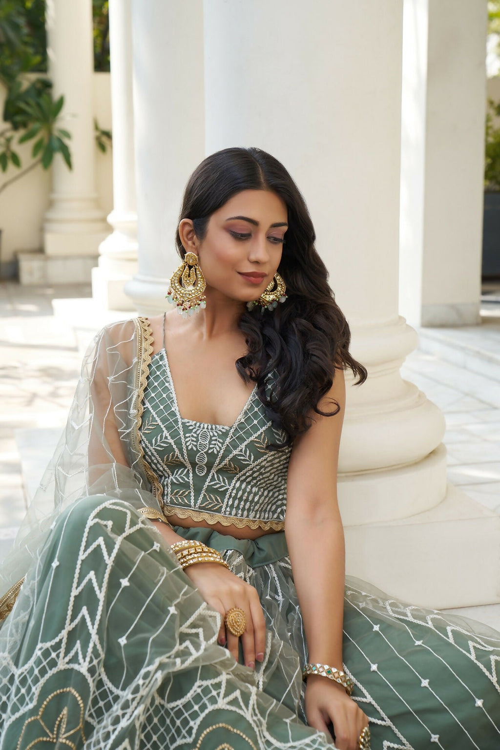 Eilara Glamorous Dusty Green Butterfly Net With Thread And Sequence Embroidered Work Fancy Lace Lehenga Choli For Wedding