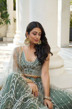 Eilara Glamorous Dusty Green Butterfly Net With Thread And Sequence Embroidered Work Fancy Lace Lehenga Choli For Wedding