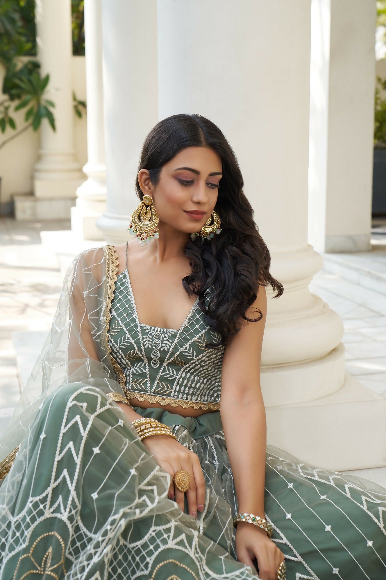 Eilara Glamorous Dusty Green Butterfly Net With Thread And Sequence Embroidered Work Fancy Lace Lehenga Choli For Wedding