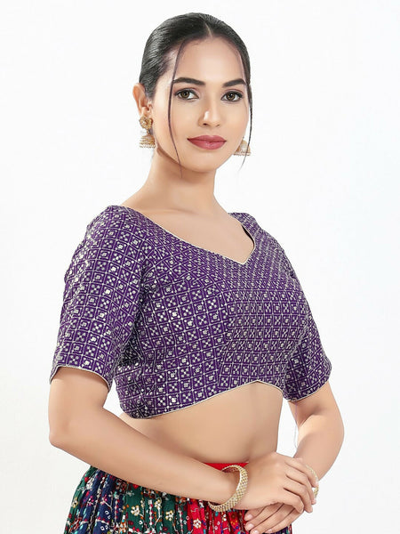 Joban Fashion Brinjal Silk Padded Blouse With Sweetheart Neck Elbow Sleeves