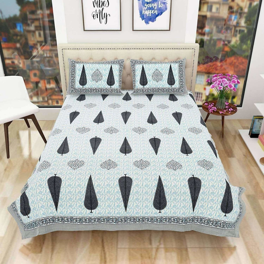 Queen Size 90x108 Inches Jaipuri Sanganeri Print Flat Bed Sheet Bedspread with 2 Pillowcases