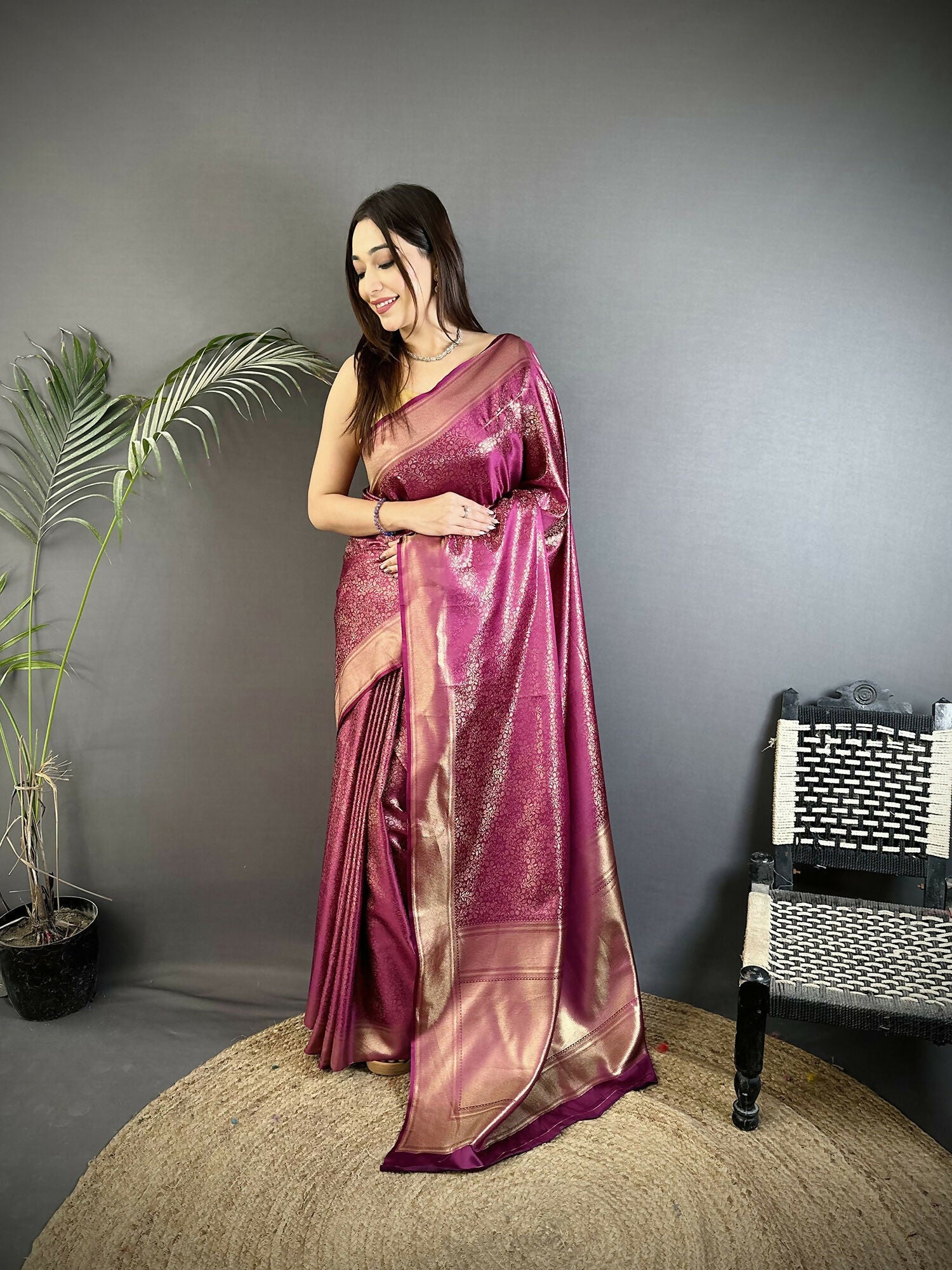 Joban Fashion Purple Floral Motifs & Ethnic Design Soft Satin Silk Kanchipuram Saree - Distacart