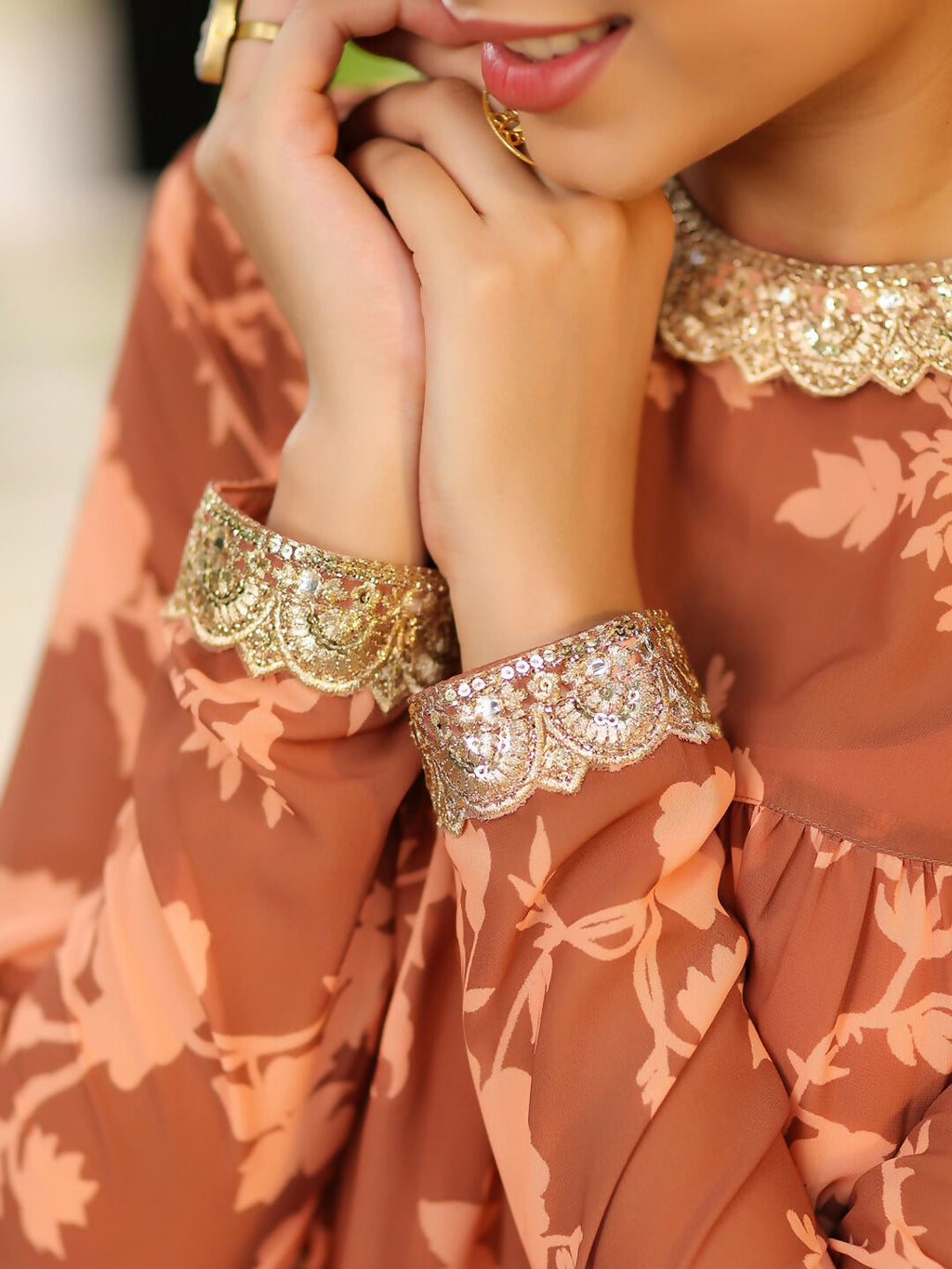 Janasya Brown Georgette Floral Kurta, Bottom & Inner