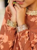 Janasya Brown Georgette Floral Kurta, Bottom & Inner