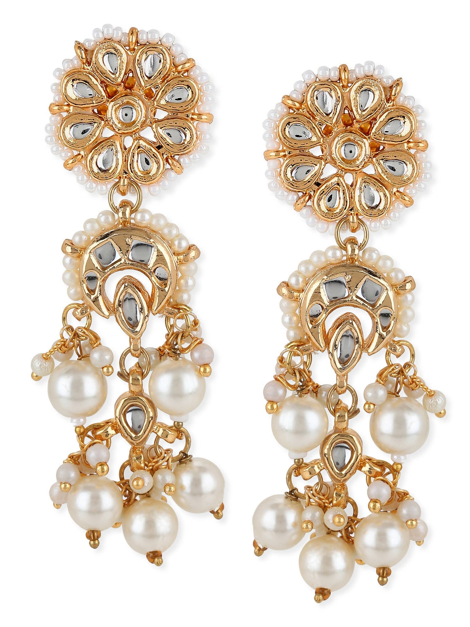 Gold-Toned White Pearl Beaded Contemporary Gold-Plated Jhumkas Earrings - Ruby Raang - Distacart