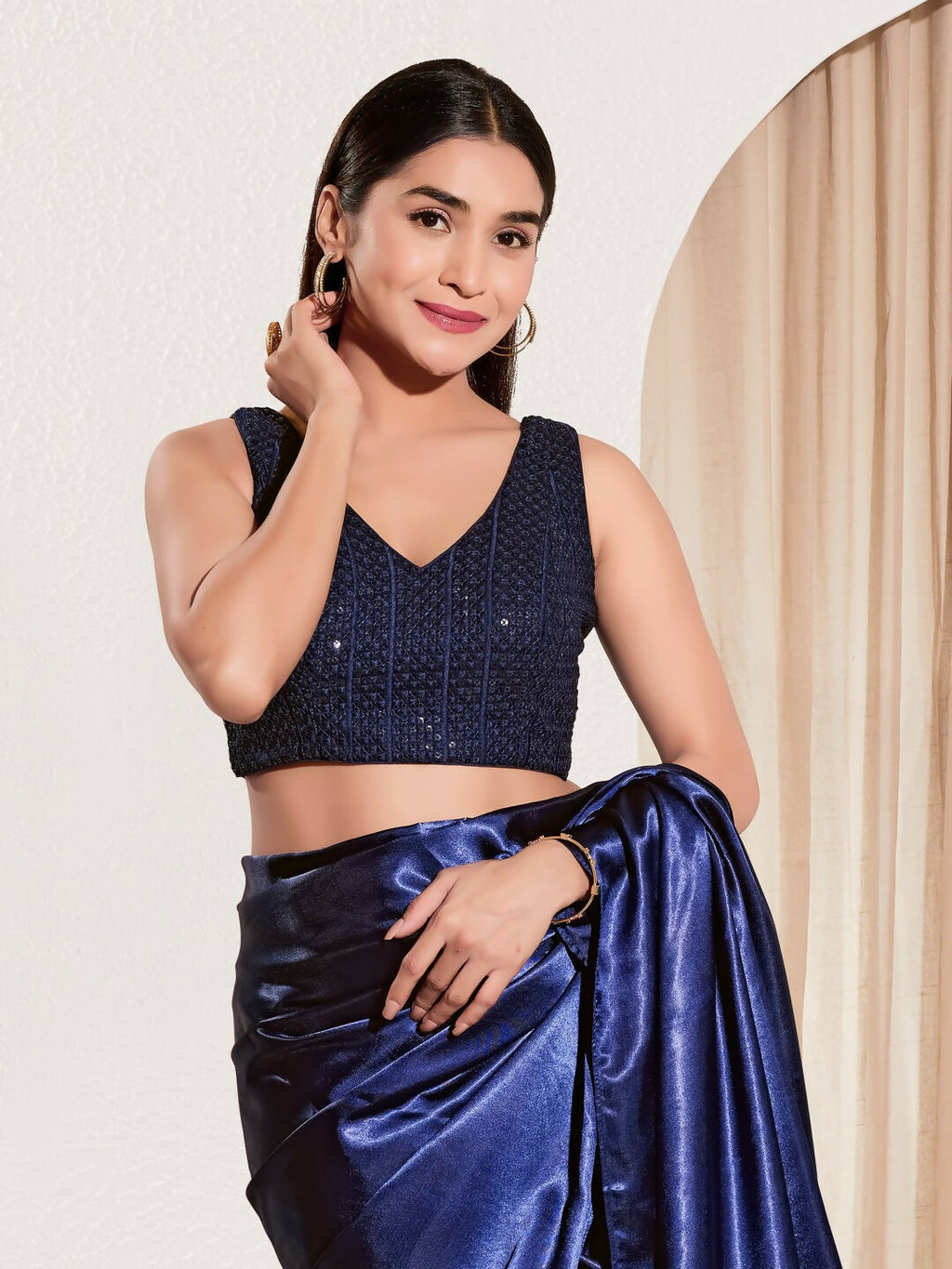 Joban Fashion Navy Blue Sequin Padded Blouse With V Neck Sleeveless - Distacart