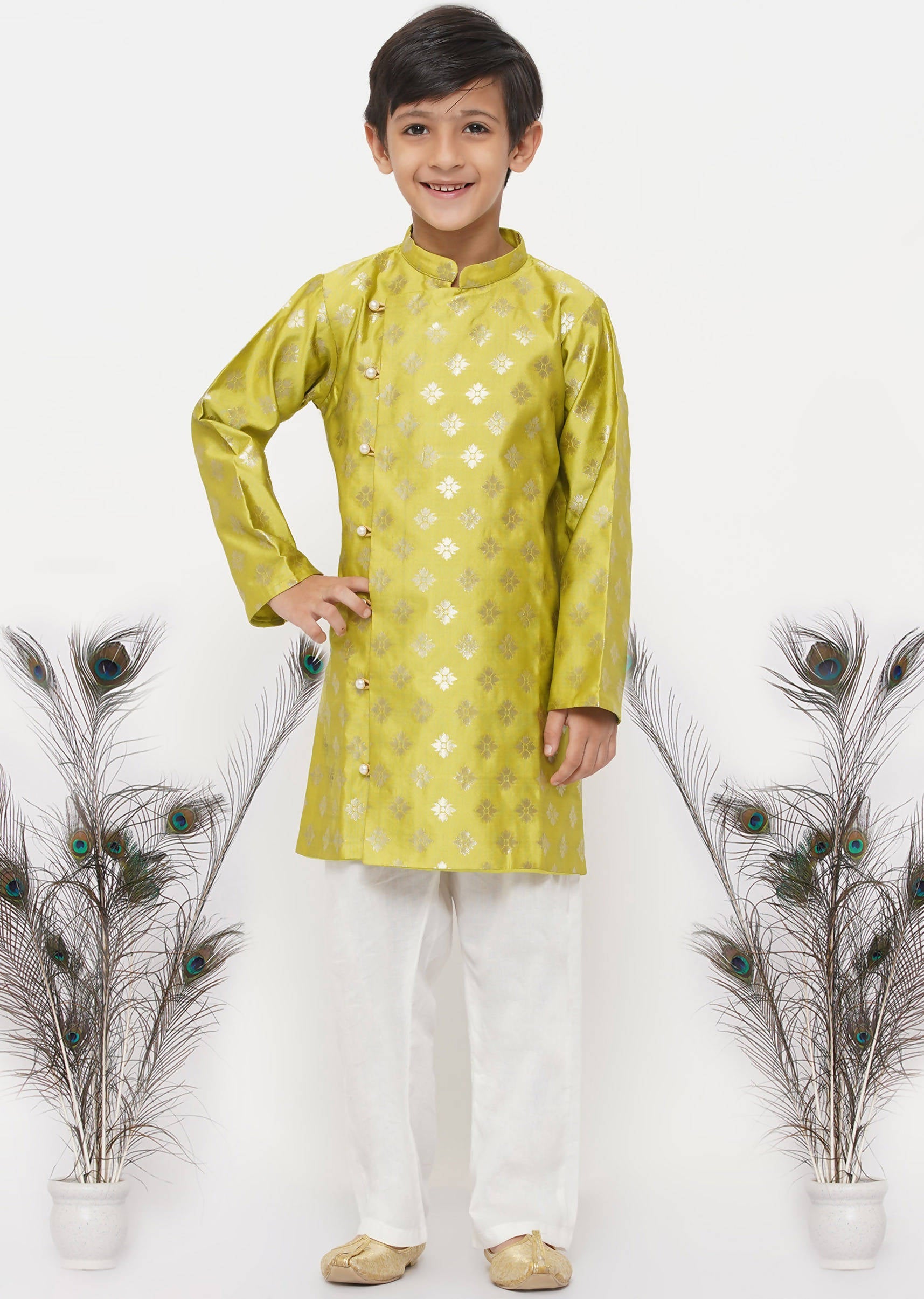 Little Bansi Boys Banarsi Silk Sherwani & Pyjama - Apple Green & Cream