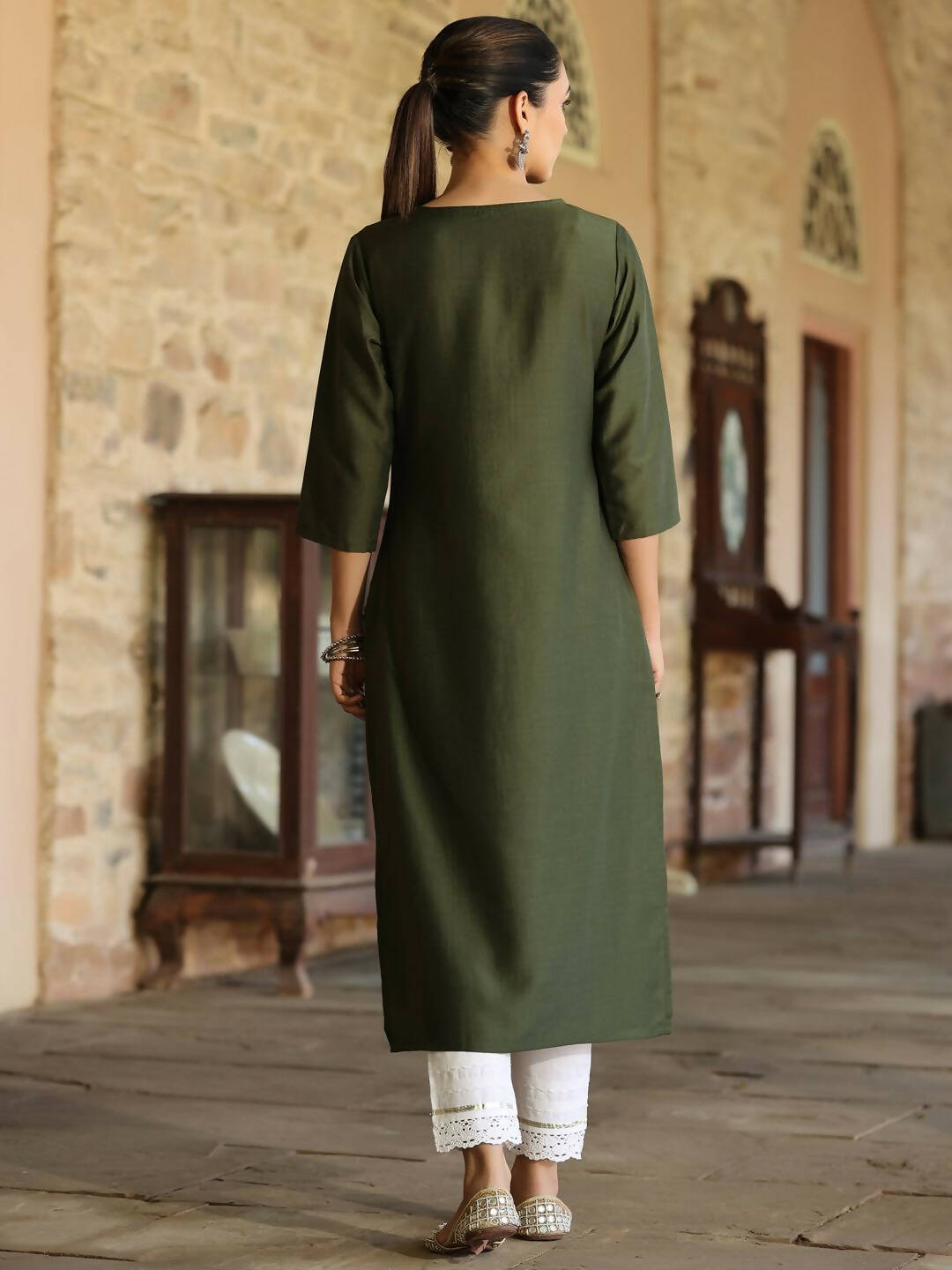 Juniper Women's Green Chinnon Printed Kurta - Distacart