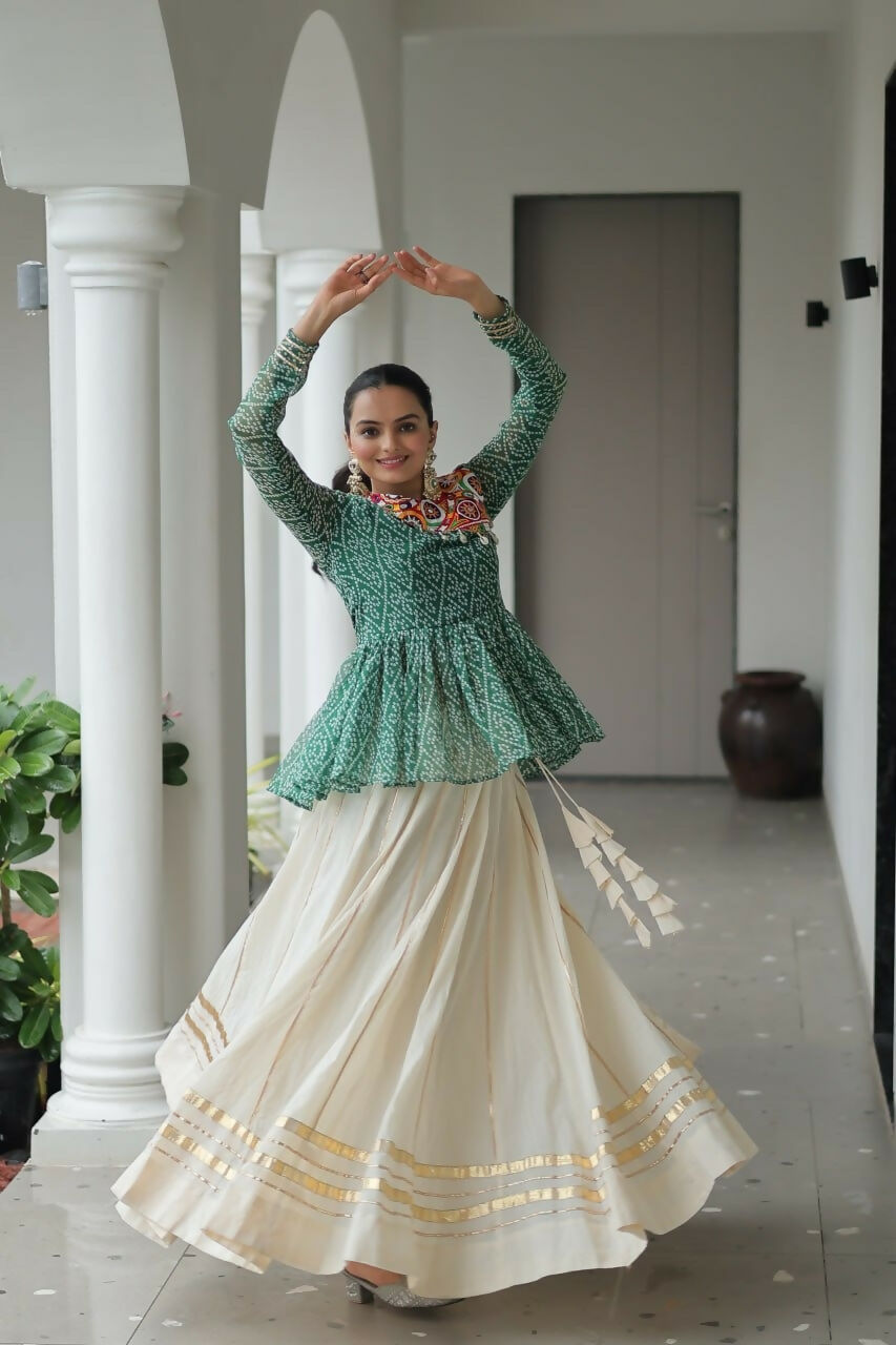 Teeya Creation Green And White Colour Cotton Printed Navratri Lehenga Choli
