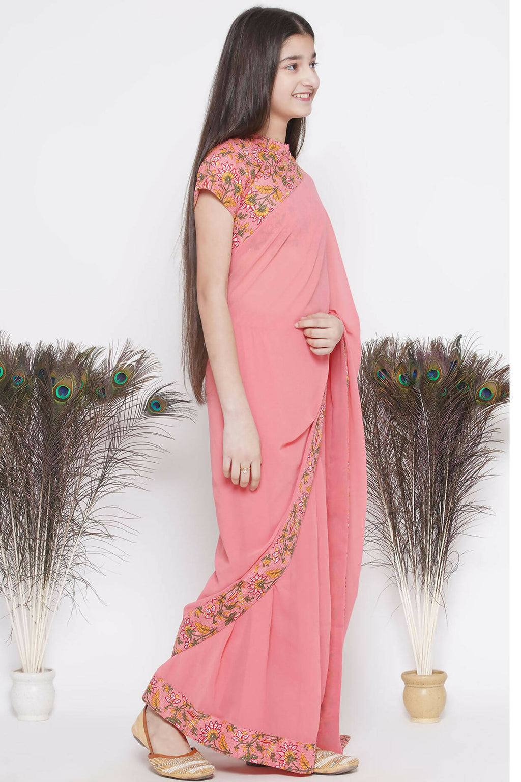 Little Bansi Floral Print Ready To Wear Saree And Floral Blouse - Coral