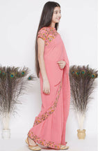 Little Bansi Floral Print Ready To Wear Saree And Floral Blouse - Coral