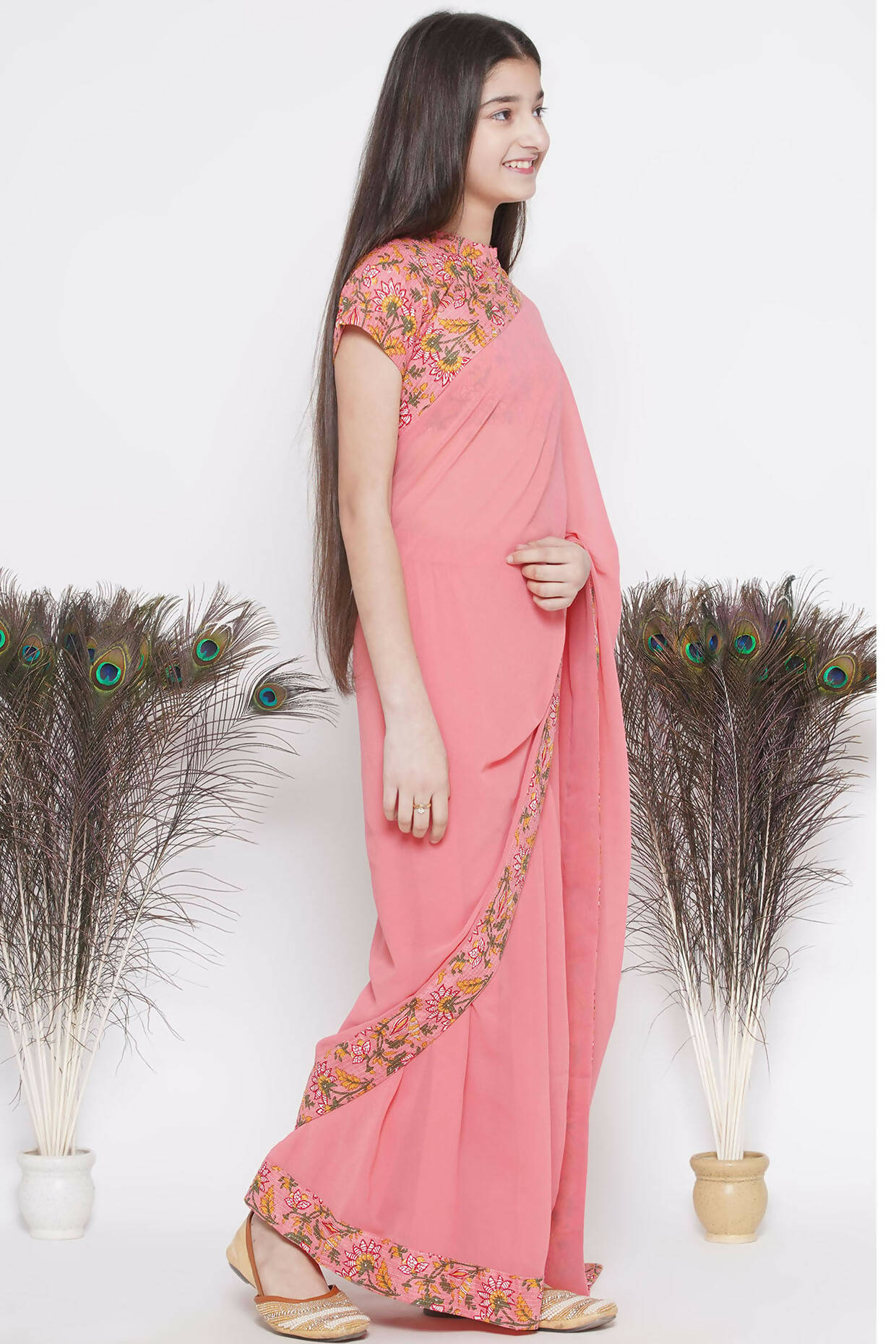 Little Bansi Floral Print Ready To Wear Saree And Floral Blouse - Coral
