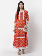 Myshka Women's Pure Cotton Round Neck Printed 3/4 Sleeve Dress