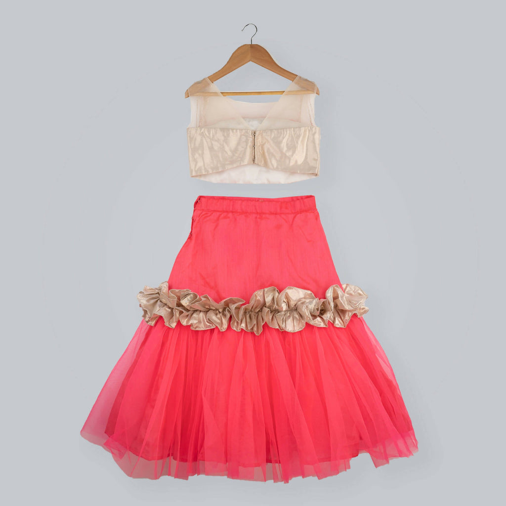 Pink Cow Fashions Golden & Pink Ghagra Choli With Frill