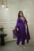 The52 Purple Women's Gorgeous Vichitra Fabric Embroidered Work Straight Kurta Pant and Dupatta Set - Distacart