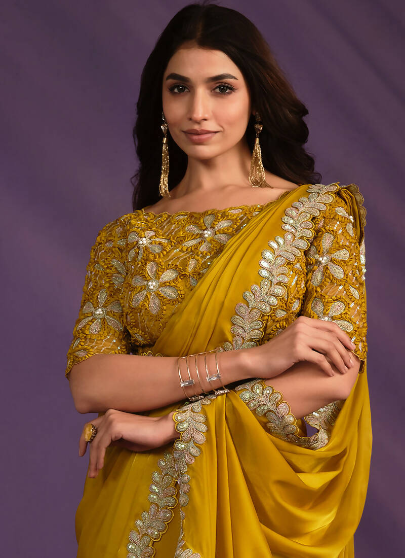 Mustard Crepe Satin Silk Embroidered Saree With Stitched Blouse - Mohmanthan Exotica
