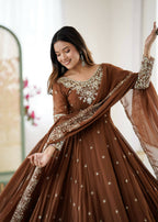 Teeya Creation Browm Color Faux georgette Embroidery Work Wedding Wear Gown - Distacart
