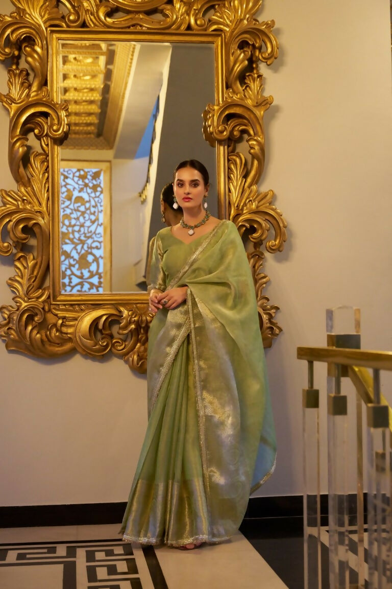 Vastranavya Pista Tissue Shimmer Zari Weaving Work Saree with Unstitched Blouse