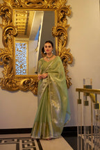 Vastranavya Pista Tissue Shimmer Zari Weaving Work Saree with Unstitched Blouse