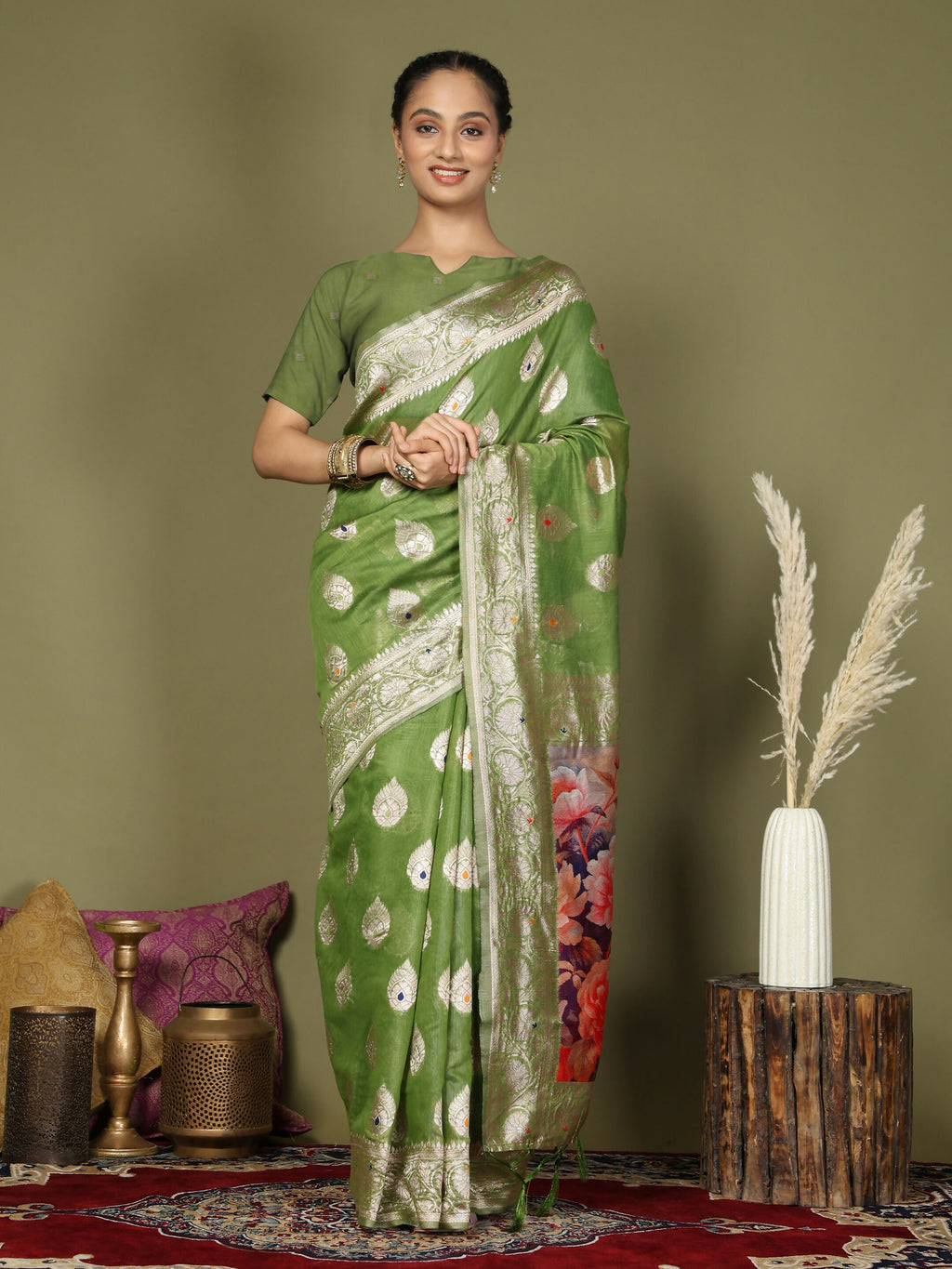 Shree Shyam Fashion Linen Cotton Green Saree - Distacart