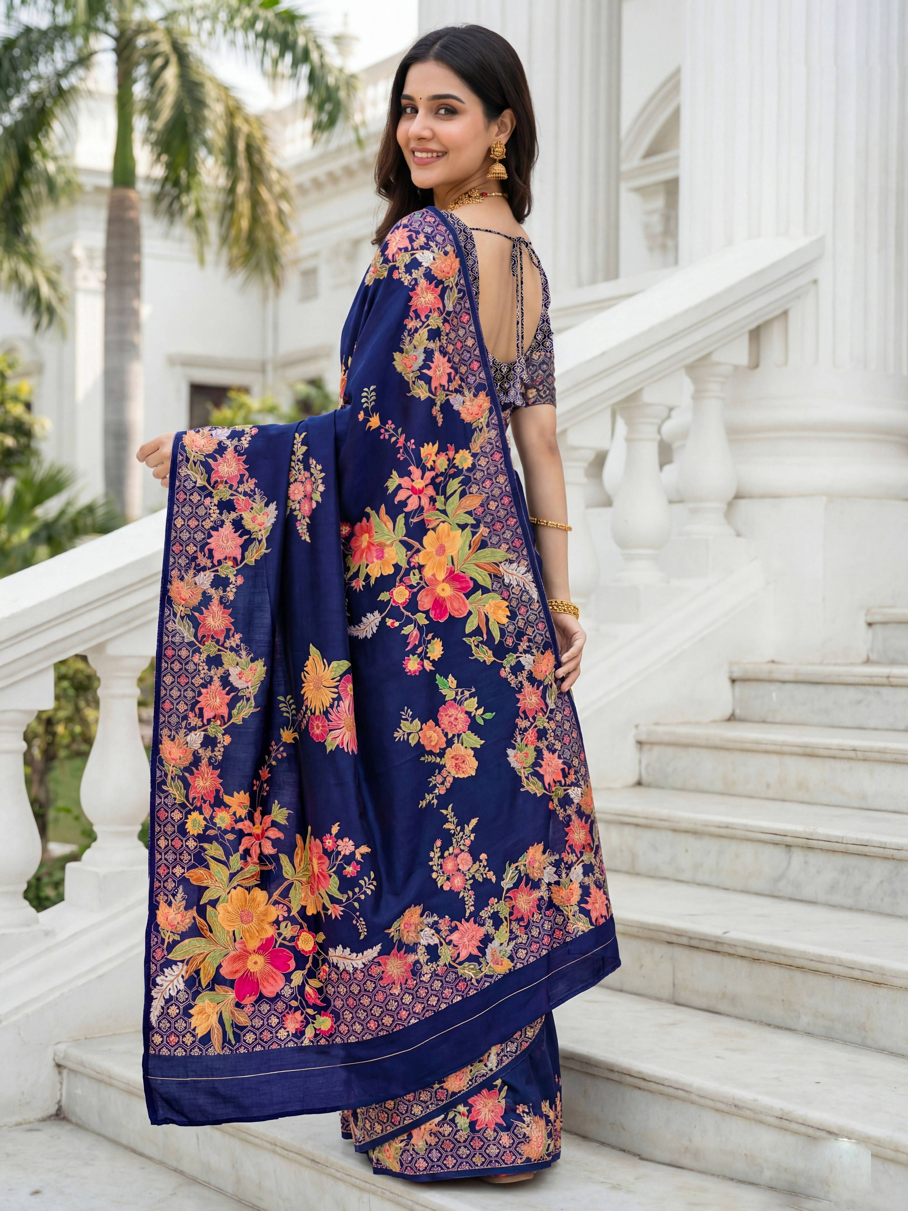 Aastha Fashion Royal Blue Premium Russian Silk Designer Floral Position Print Saree - Distacart