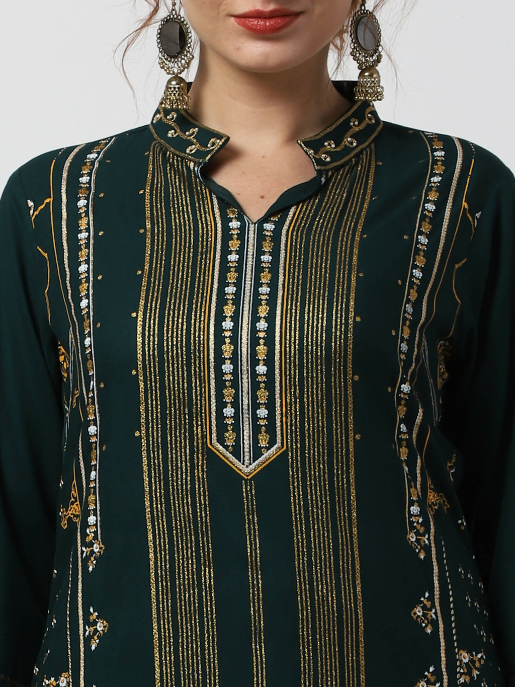 Cheera Embellished Daily Wear Cotton Blend Kurta With Palazoo - Bottle Green