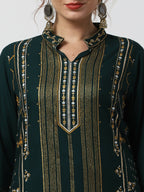 Cheera Embellished Daily Wear Cotton Blend Kurta With Palazoo - Bottle Green